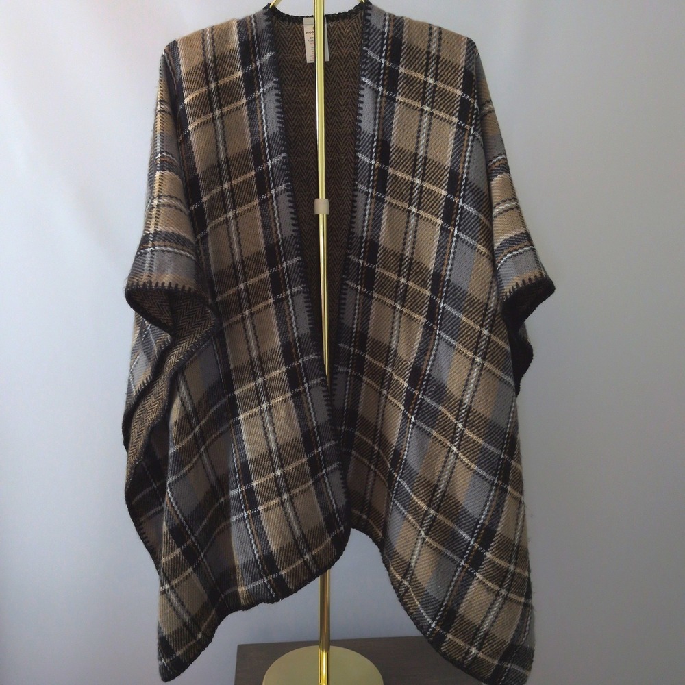 Woolrich Reversible Wrap Womens OS Brown Plaid Herringbone Poncho Shawl HLM0250S